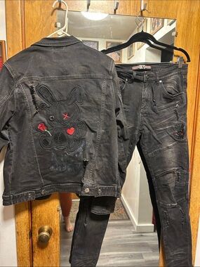 Black Embroidered Distressed Men's Jeans Jacket and pants Set